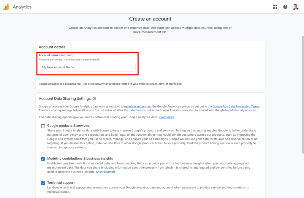 Google Analytics 4 GA4 setting up the account screen