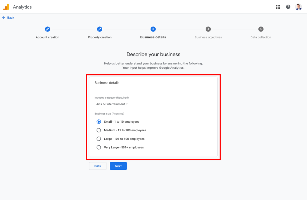 Google Analytics 4 (GA4) select business size and category