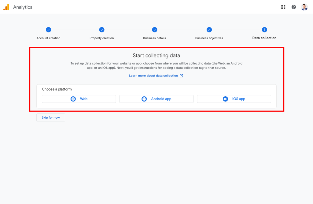 Google Analytics 4 (GA4) select the data stream type