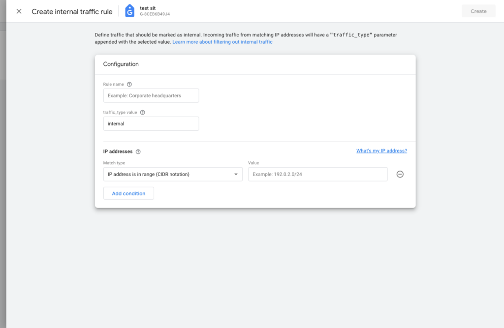 Google Analytics 4 property setting for excluding internal traffic