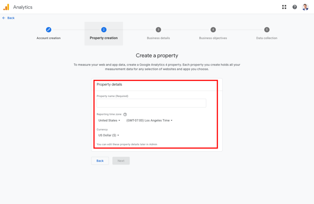 Google Analytics 4 adding in property name and time zone