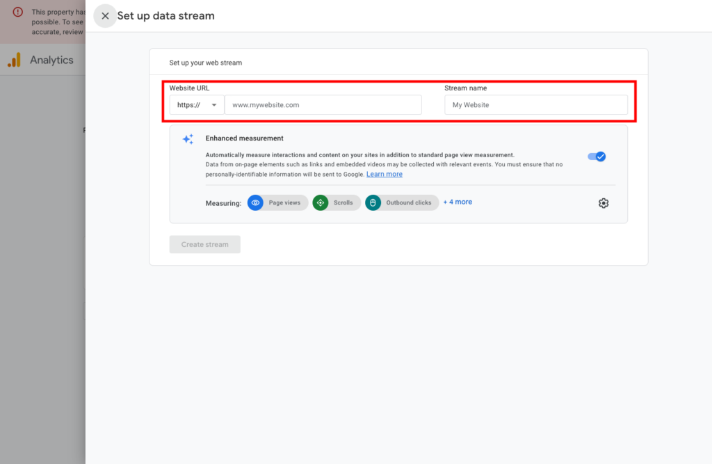 Google Analytics setup web data stream